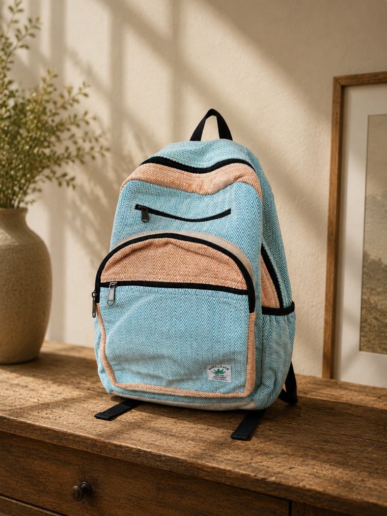Sky Blue Peach Herringbone Backpack | Yala Cotton