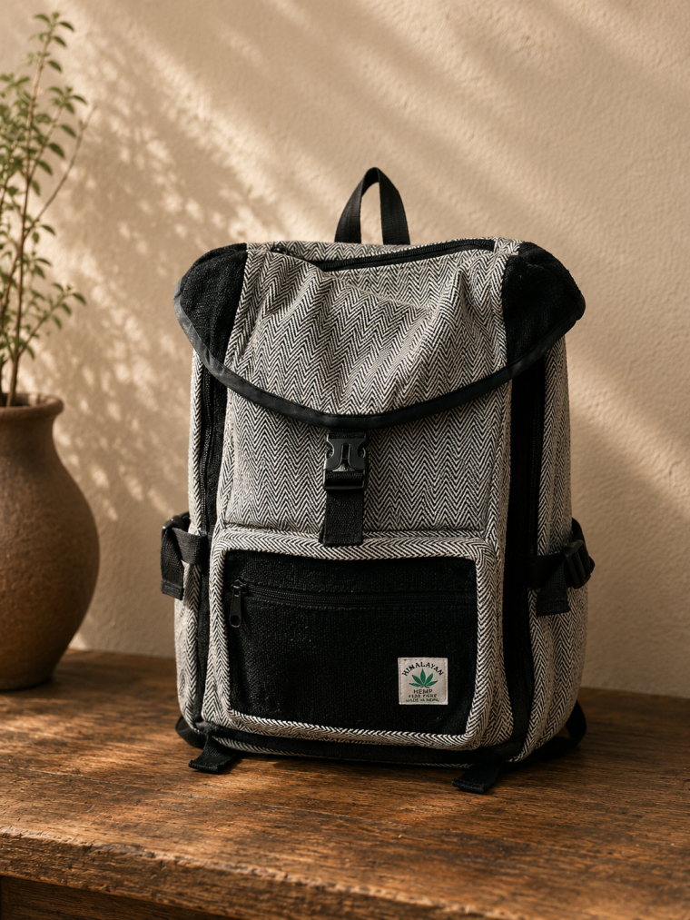 Grey & Black Herringbone Backpack | Yala Cotton