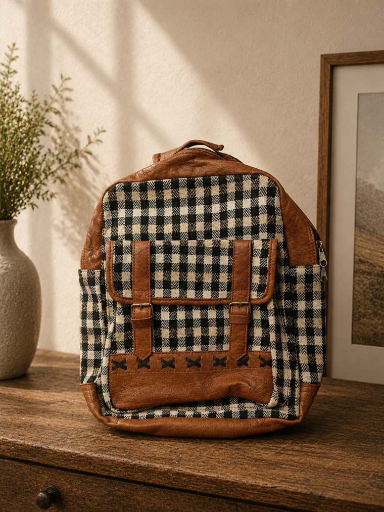 Black Cream Gingham Backpack | Yala Cotton