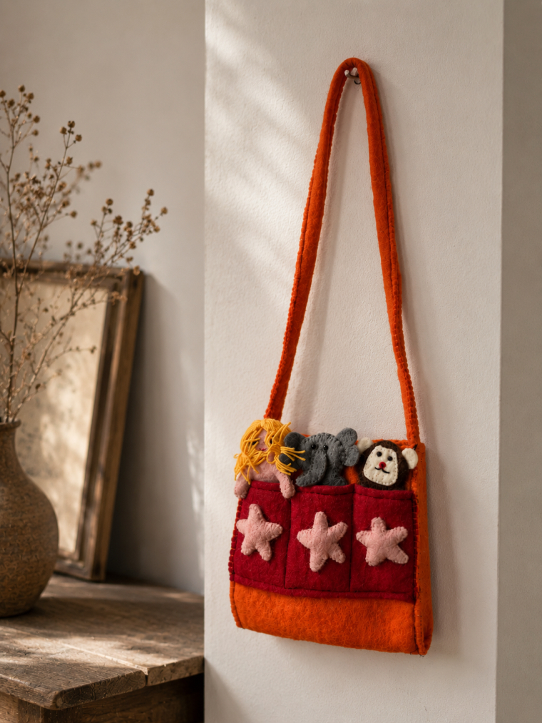 Orange Red Felt Animal Pocket Bag | Yala Cotton